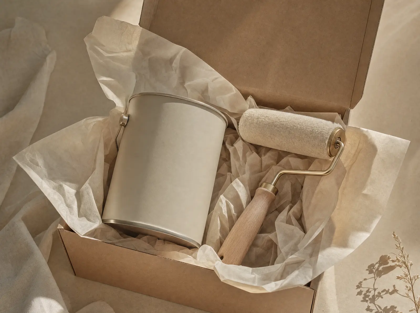 KI-generiertes Symbolbild: Hochwertig verpackte EVOLOXX Lieferung mit Farbeimer und Roller